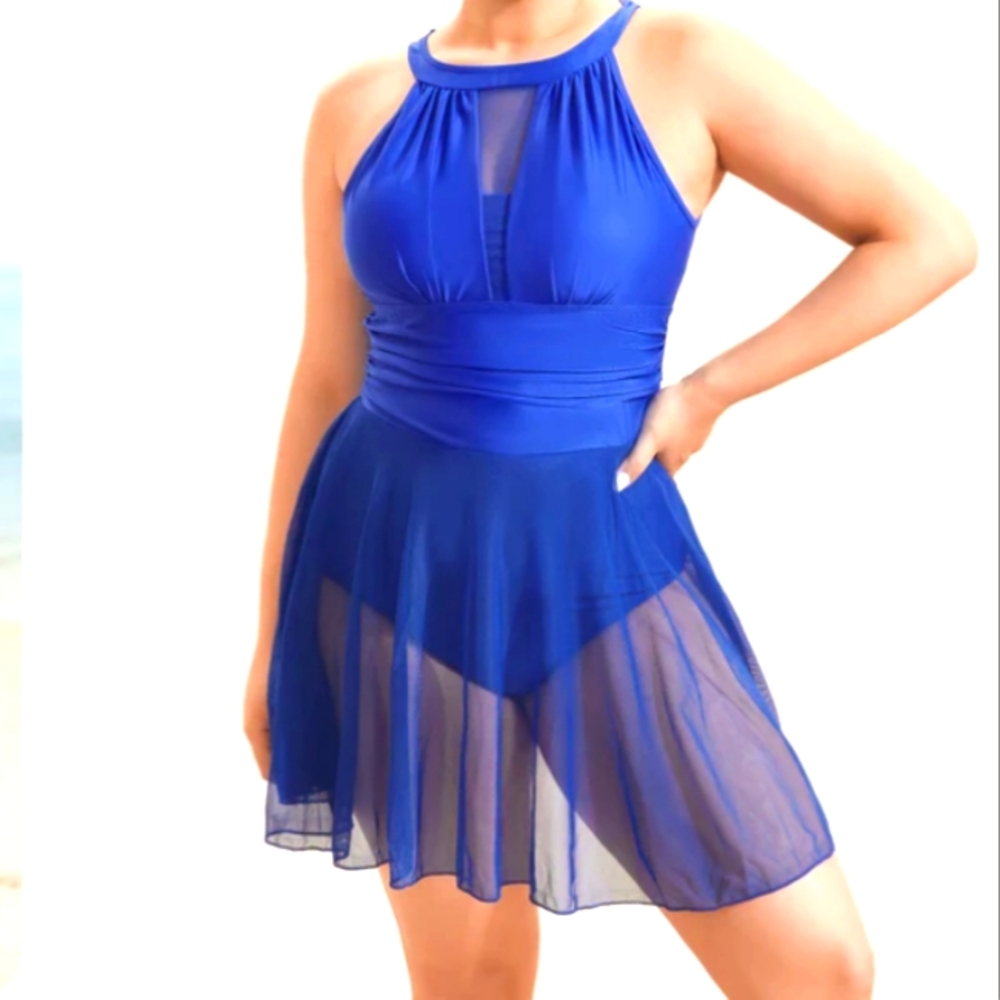 BLOOMCHIC Knotted Back Halter Swim Dress